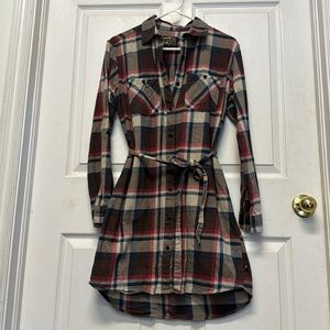 Plaid Tunic Button Up Dress w/ Waist Tie, Med